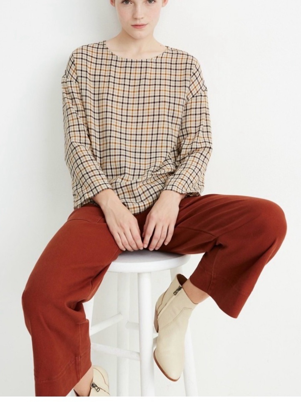 Madewell Houndstooth Plaid Boxy Top Tee Medium Preppy Lagenlook Size Large